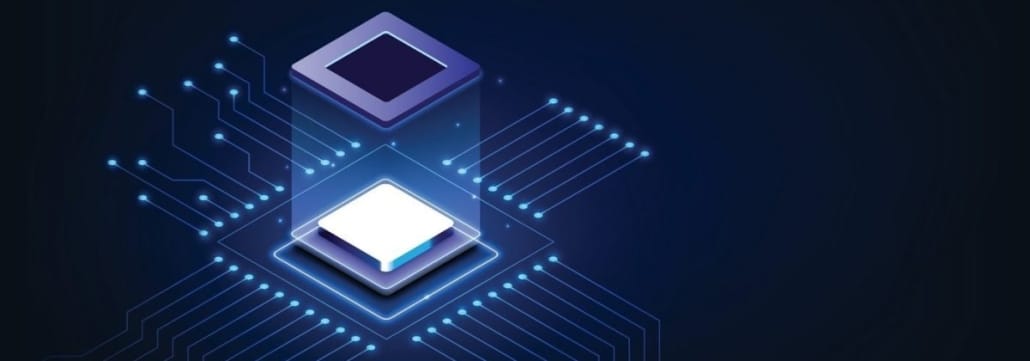 Graphic of a semiconductor ship with a frame of the chip hovering above the main chip components in a blue background