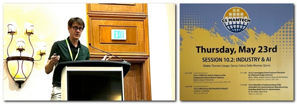 Man standing at a podium speaking with a sign to the right of him that says