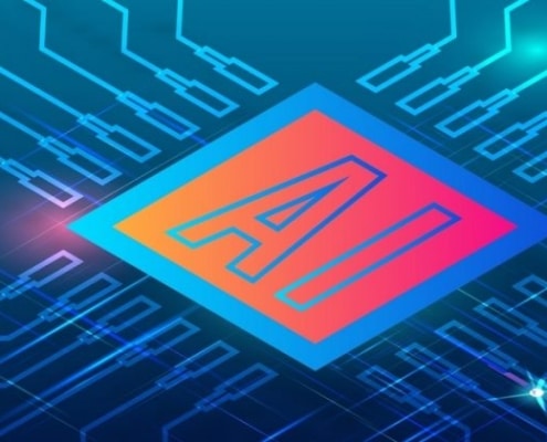 Graphic illustration of a computer ship with a blue background and 'AI' in the center of the chip