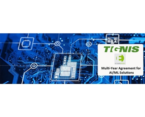 Circuit board with a blue overlay and an icon of a factory in white. To the right is a white rectangle that reads ' Tignis Multi-Year Agreement for AI/ML Solutions'