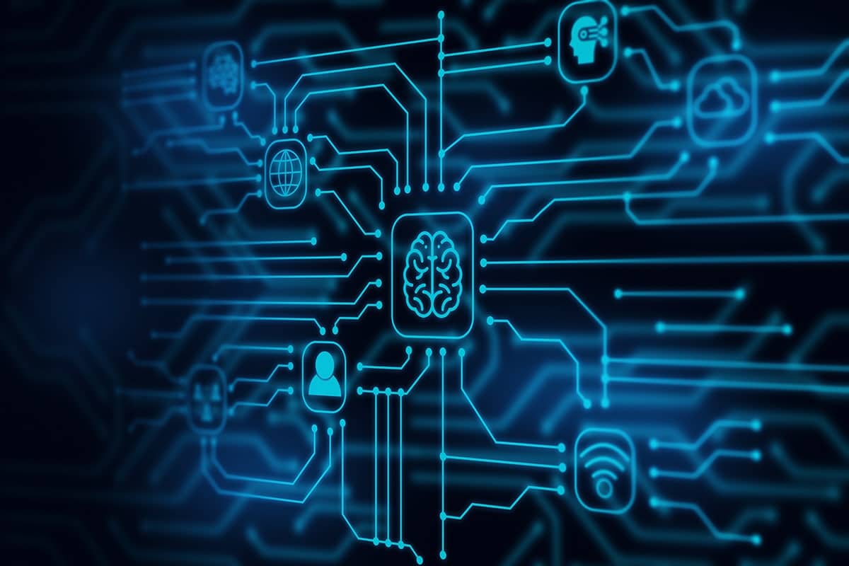 A graphic of several icons connected with lines including a brain, a person, wifi, the web and a cloud with a dark blue overlay