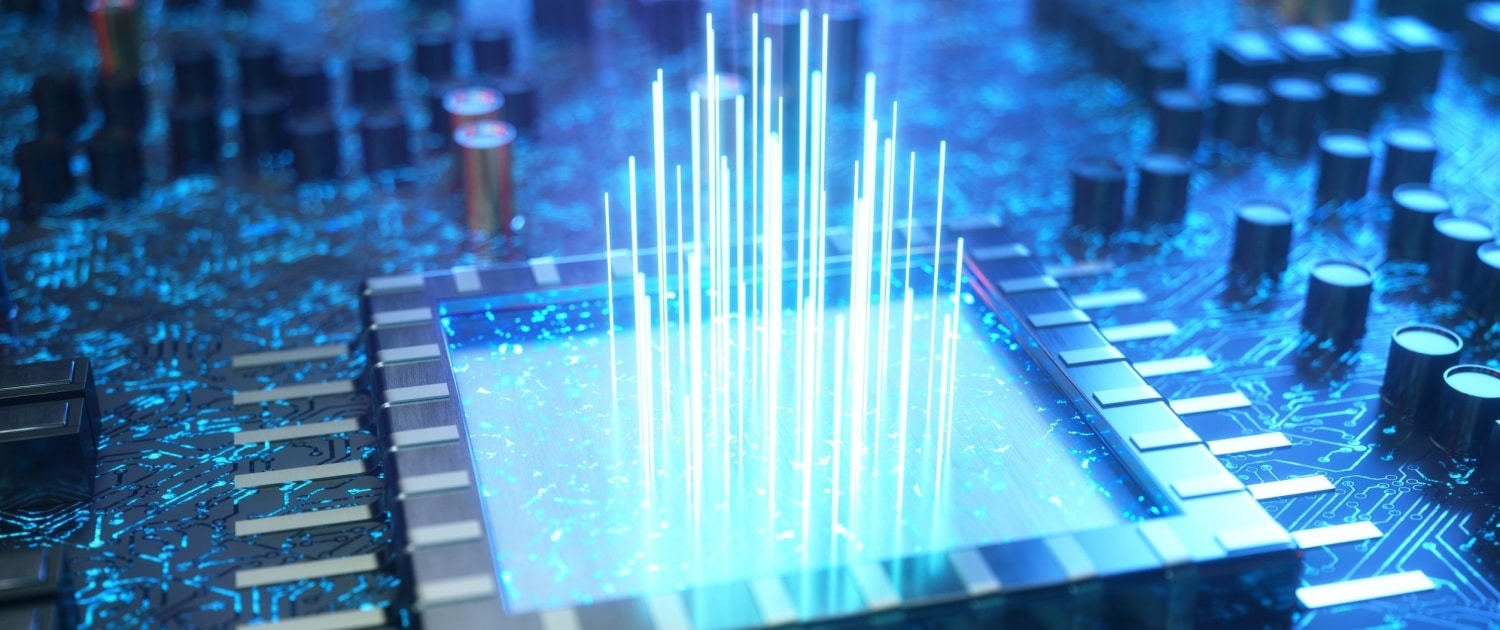 A large square on a circuit board with a blue color overlay. Beams of light of varying heights are coming up from the center of the square