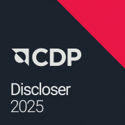 The CDP Discloser for 2024. The image is square with a dark grey background and a red triangle in the top right corner.